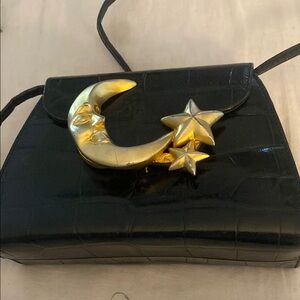 Ann Turk Black Croc-Embossed Bag with Gold Moon and Star Accent